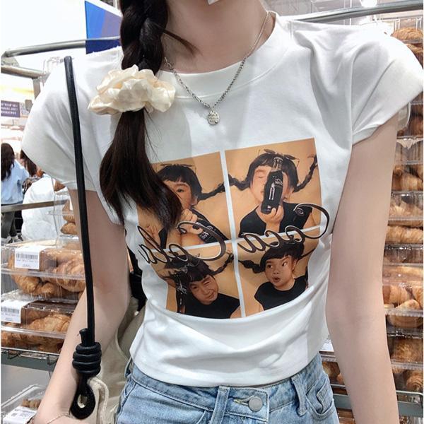 ALORA 四格人臉印花抽繩短T 