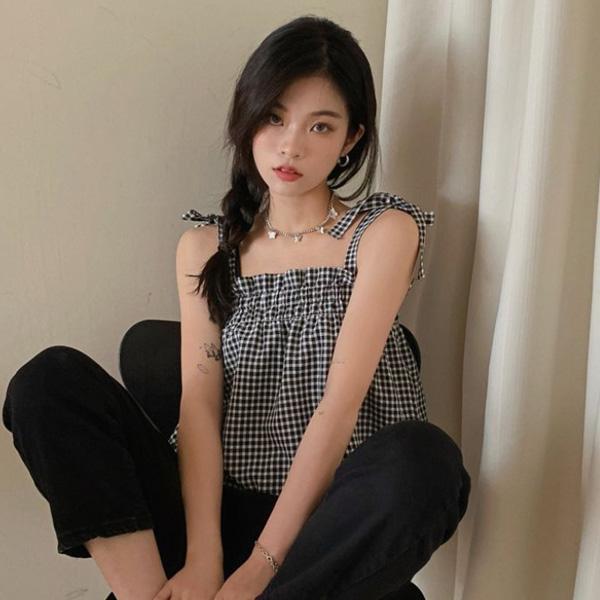 ALORA 小黑白格吊帶上衣 