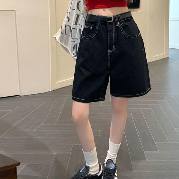 ALORA 酷黑車線五分牛仔褲 