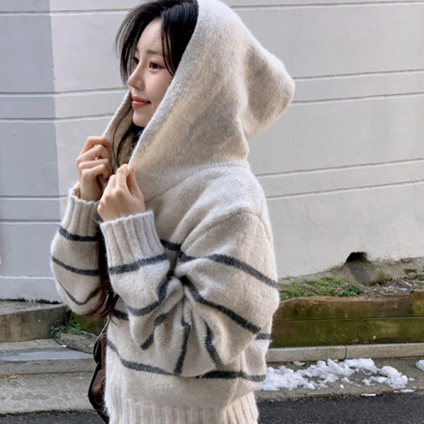 ALORA 可愛愛橫條紋連帽針織外套 
