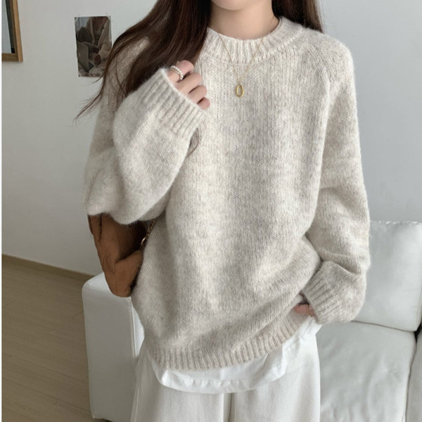 ALORA 韓系米杏圓領針織毛衣 