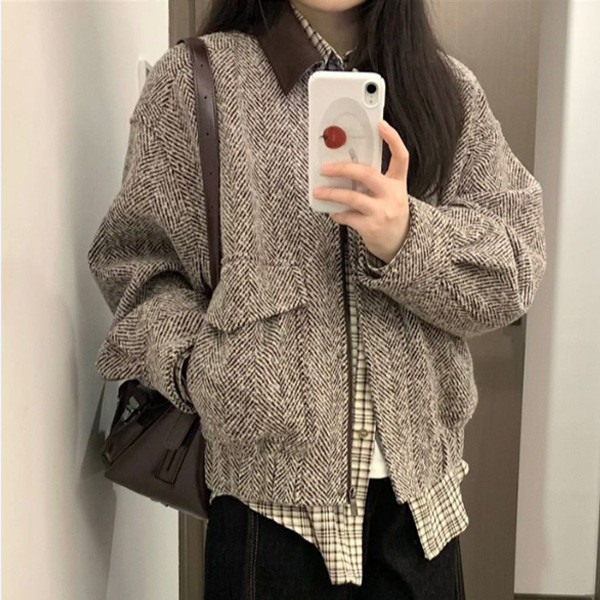 ALORA 交錯雜紋翻領夾克外套 