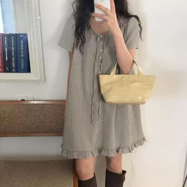 ALORA 可愛系袋格紋雪紡洋裝 