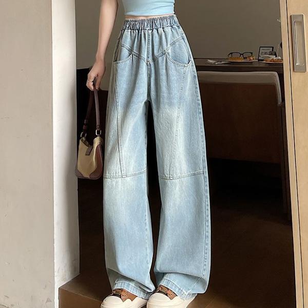 ALORA 立體壓線鬆緊腰牛仔長褲 