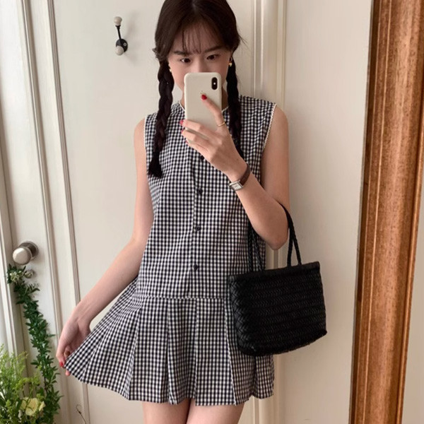 ALORA 小個女孩百褶格子洋裝 