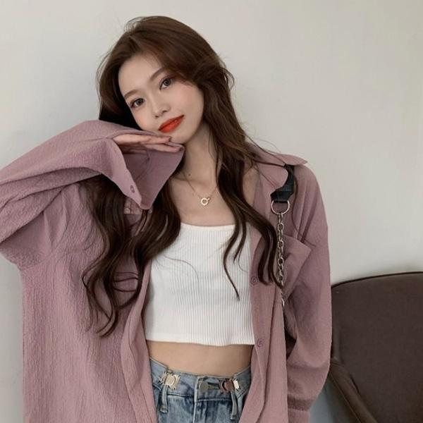 ALORA 紋理感單口袋長袖襯衫 