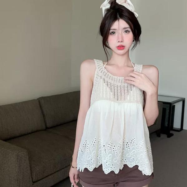 ALORA 編織拼接蕾絲緹花繞頸上衣 