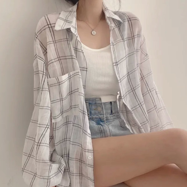 ALORA 薄透感大格紋格子襯衫 