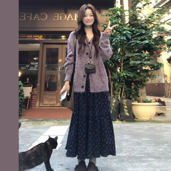 ALORA 復古配色碎花裙兩件式套裝 