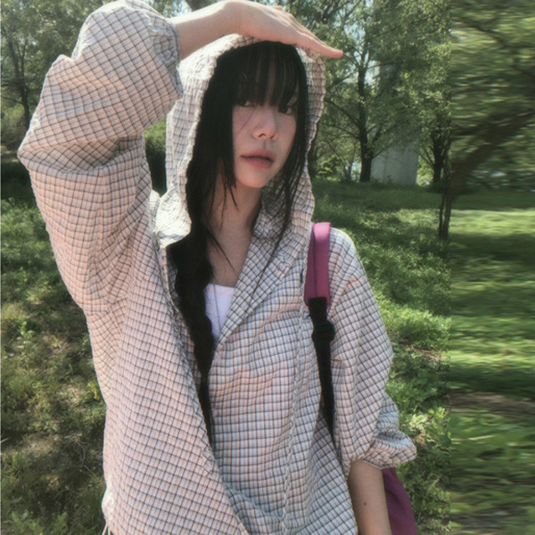 ALORA 秋季薄款小格子收繩襯衫 