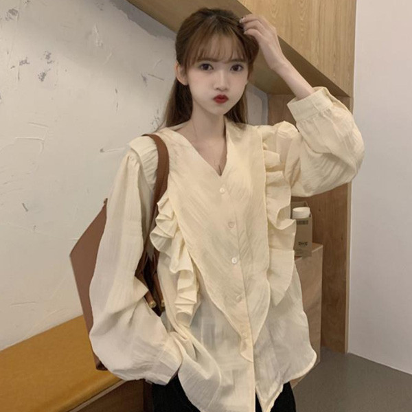 ALORA 皺褶感荷葉波浪襯衫 