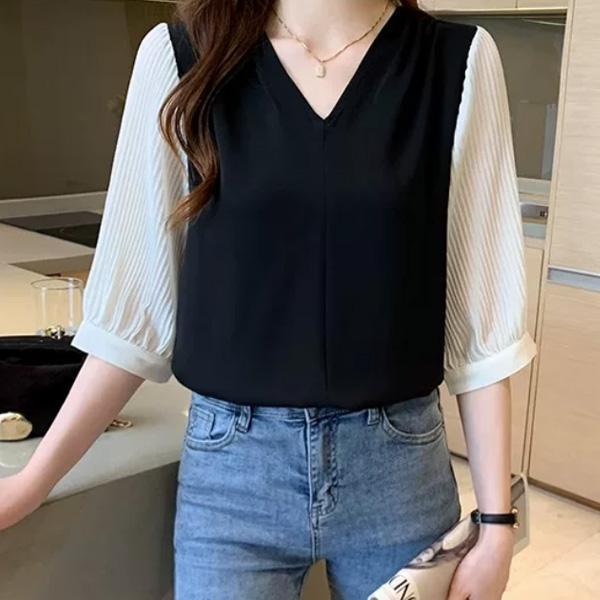 ALORA 小香拼接泡泡袖雪紡上衣 