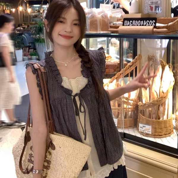 ALORA 假兩件格子蕾絲上衣 