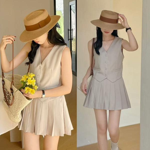 ALORA 甜系V領西裝兩件式套裝 