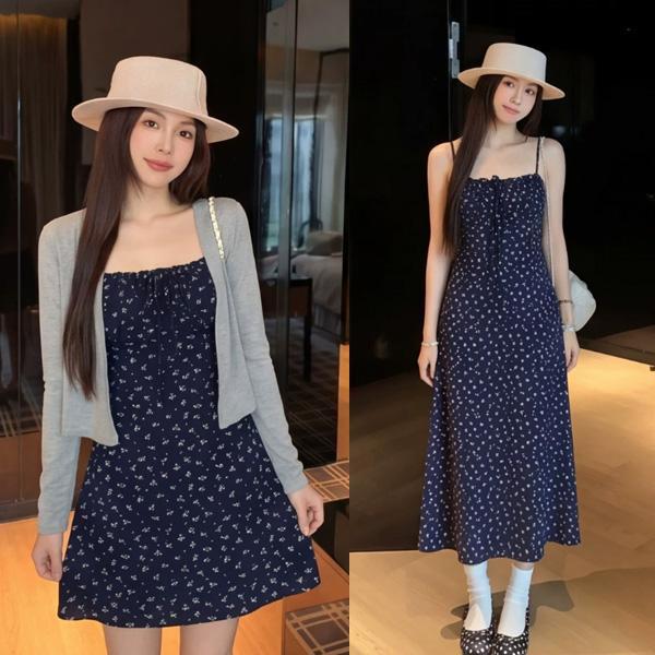 ALORA 深藍碎花綁帶洋裝 