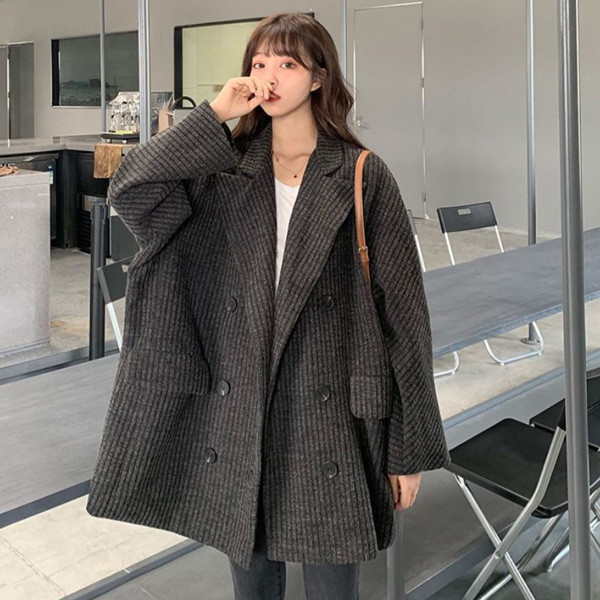 ALORA 深灰燈芯絨雙排釦外套 