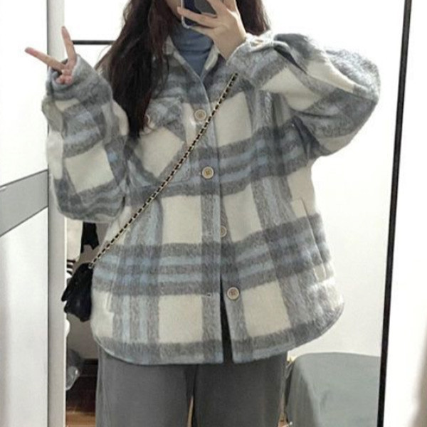 ALORA 厚款藍灰格子襯衫外套 