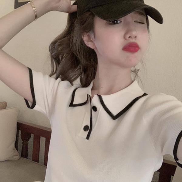 ALORA 韓系滾邊撞色POLO上衣 