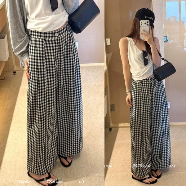 ALORA 單釦黑白格休閒長褲 