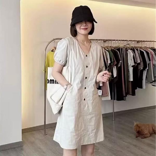 ALORA V領棉麻排釦洋裝 