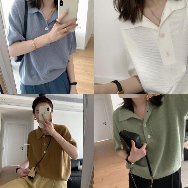 ALORA 坑條冰絲POLO領針織上衣 