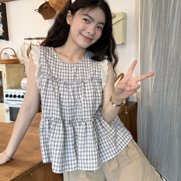 ALORA 格子拼接布蕾絲上衣 