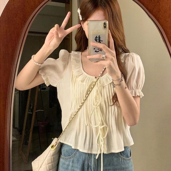 ALORA 可愛女孩壓褶泡泡袖上衣 