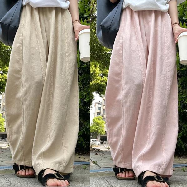 ALORA 壓線寬鬆彎刀棉麻褲 