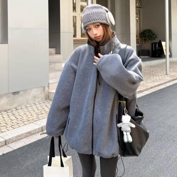 ALORA 率性立領灰色休閒外套 