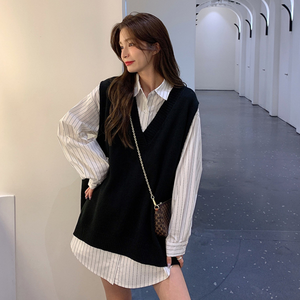 ALORA 氣質直條襯衫背心兩件式套裝 