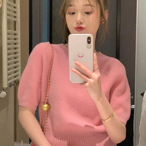 ALORA 法式收腰短袖針織毛衣 