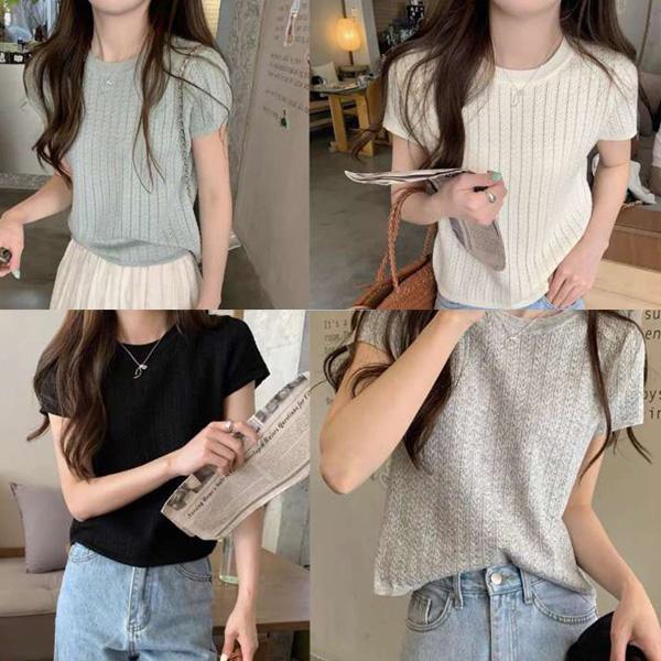 ALORA 早春韓系花簍空短袖針織 