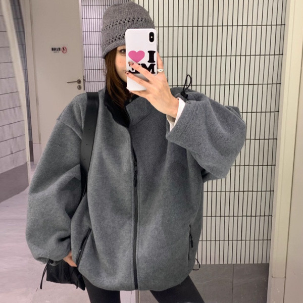 ALORA 率性立領灰色休閒外套 