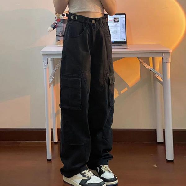 ALORA 碳黑高腰工裝牛仔褲 