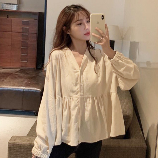 ALORA V領開扣娃娃裝上衣 