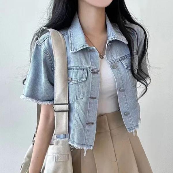 ALORA 下擺毛邊牛仔罩衫外套 