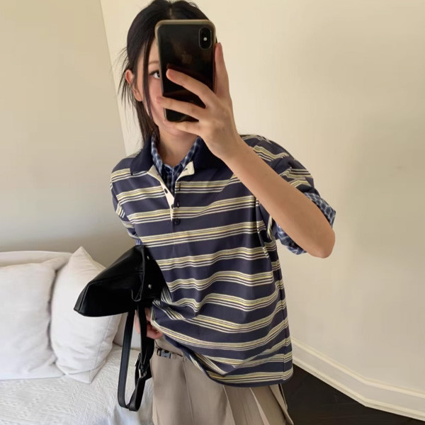 ALORA 復古撞色線條紋POLO衫 
