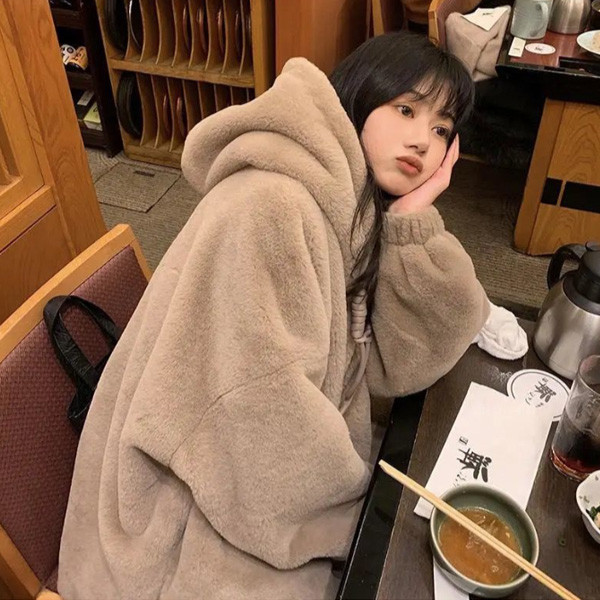 ALORA 摩卡熊熊毛絨連帽外套 