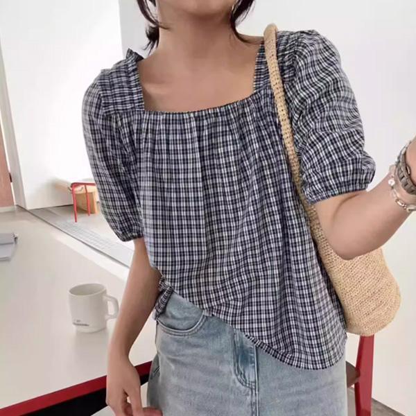 ALORA 小格子方領棉麻上衣 