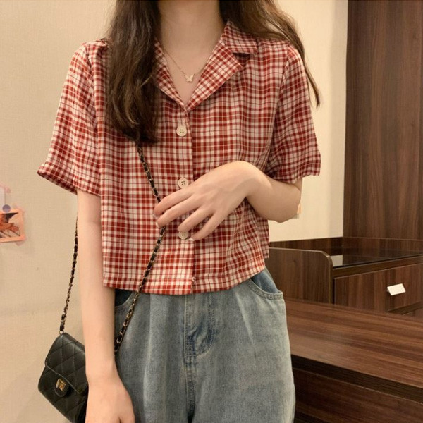ALORA 西裝領格紋短袖襯衫 