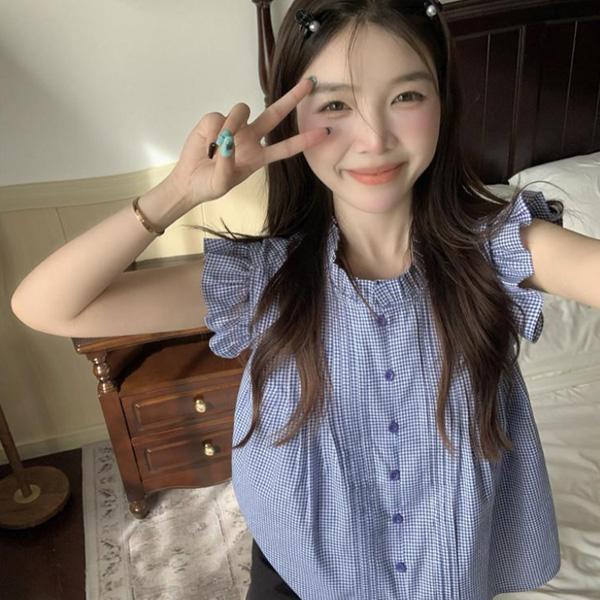 ALORA 格紋飛袖短袖襯衫 