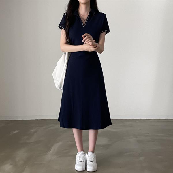ALORA 線條滾邊綁腰POLO洋裝 