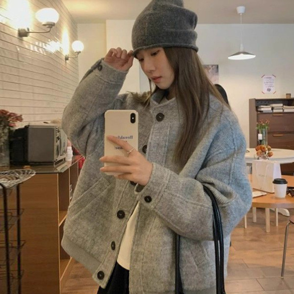 ALORA 立領灰色毛尼夾棉外套 