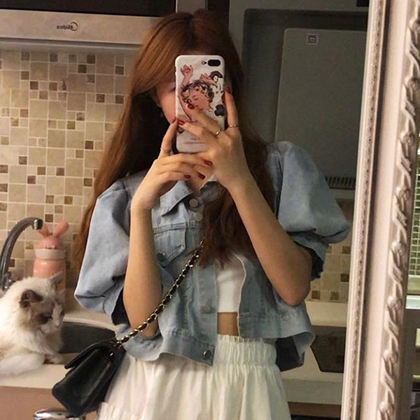 ALORA 個性泡泡袖短版牛仔外套 
