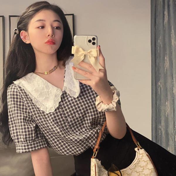 ALORA 蕾絲翻領黑白格襯衫 