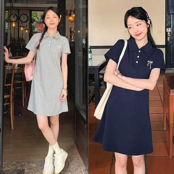 ALORA 刺繡蝴蝶結POLO領洋裝 