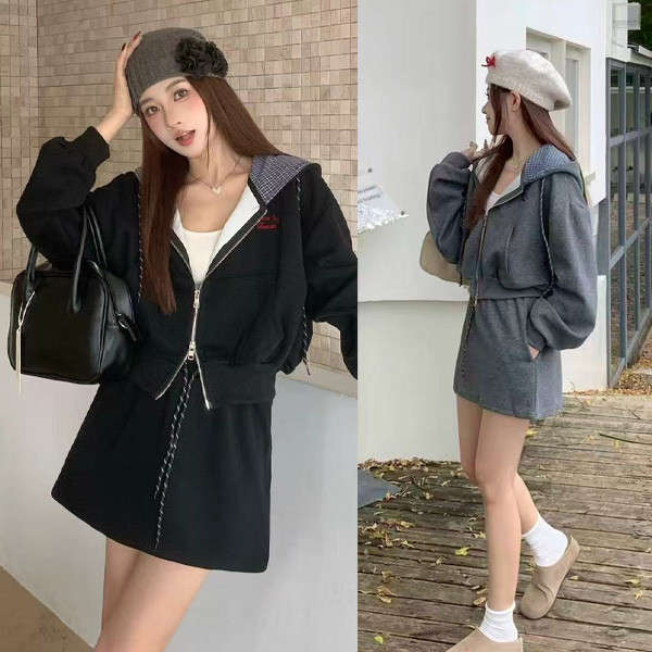 ALORA 格紋拼接連帽裙兩件式套裝 