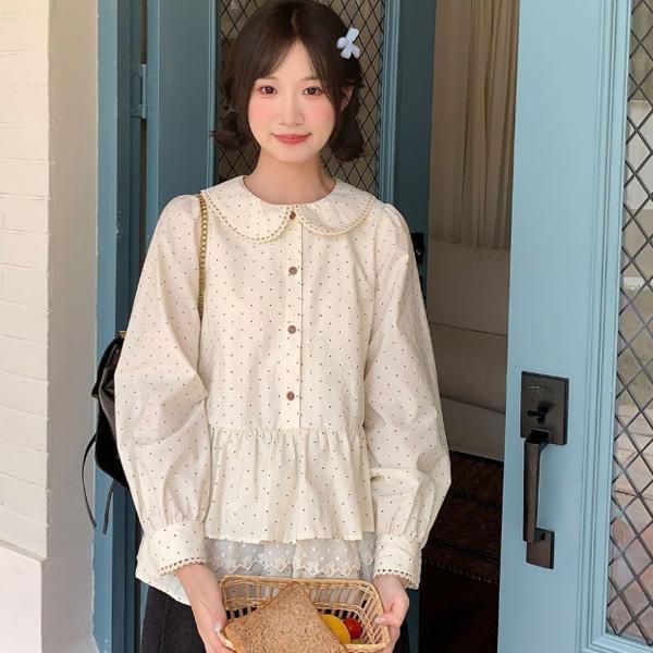 ALORA 甜美小點點拼接蕾絲襯衫 