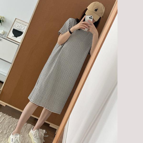 ALORA 純棉條紋圓領T恤洋裝 