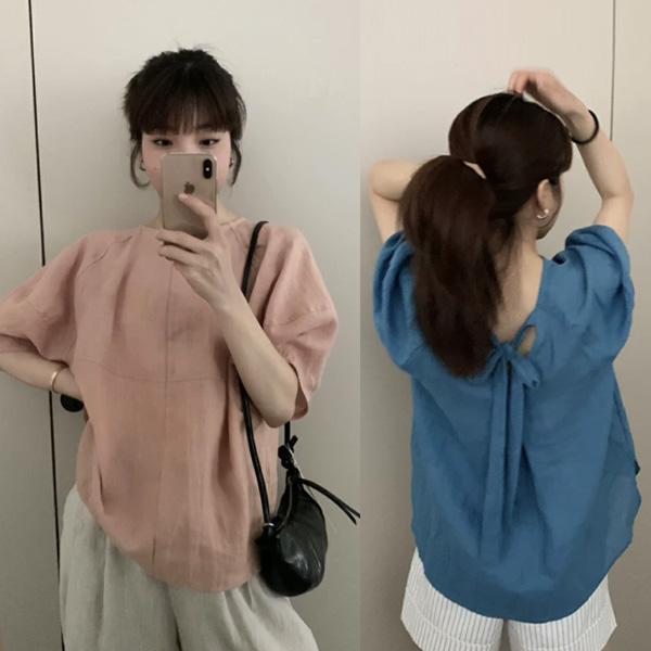 ALORA 背後綁帶蝴蝶結棉麻上衣 